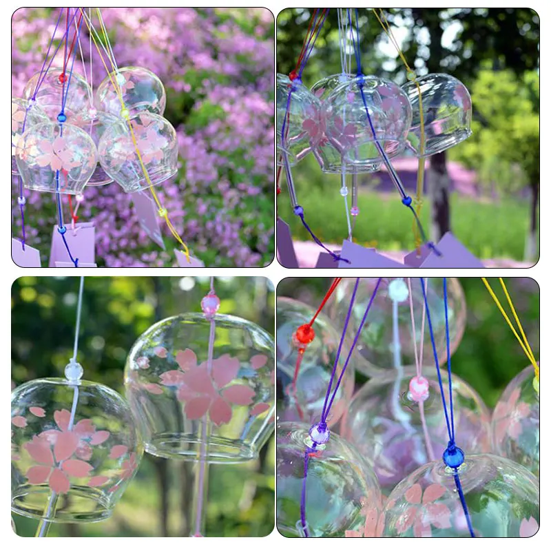 1pcs Romantic Crafts Japanese Cherry Blossom Glass Wind Chimes Bells Home Garden Office Ornament Indoor Window Hanging Decor 2