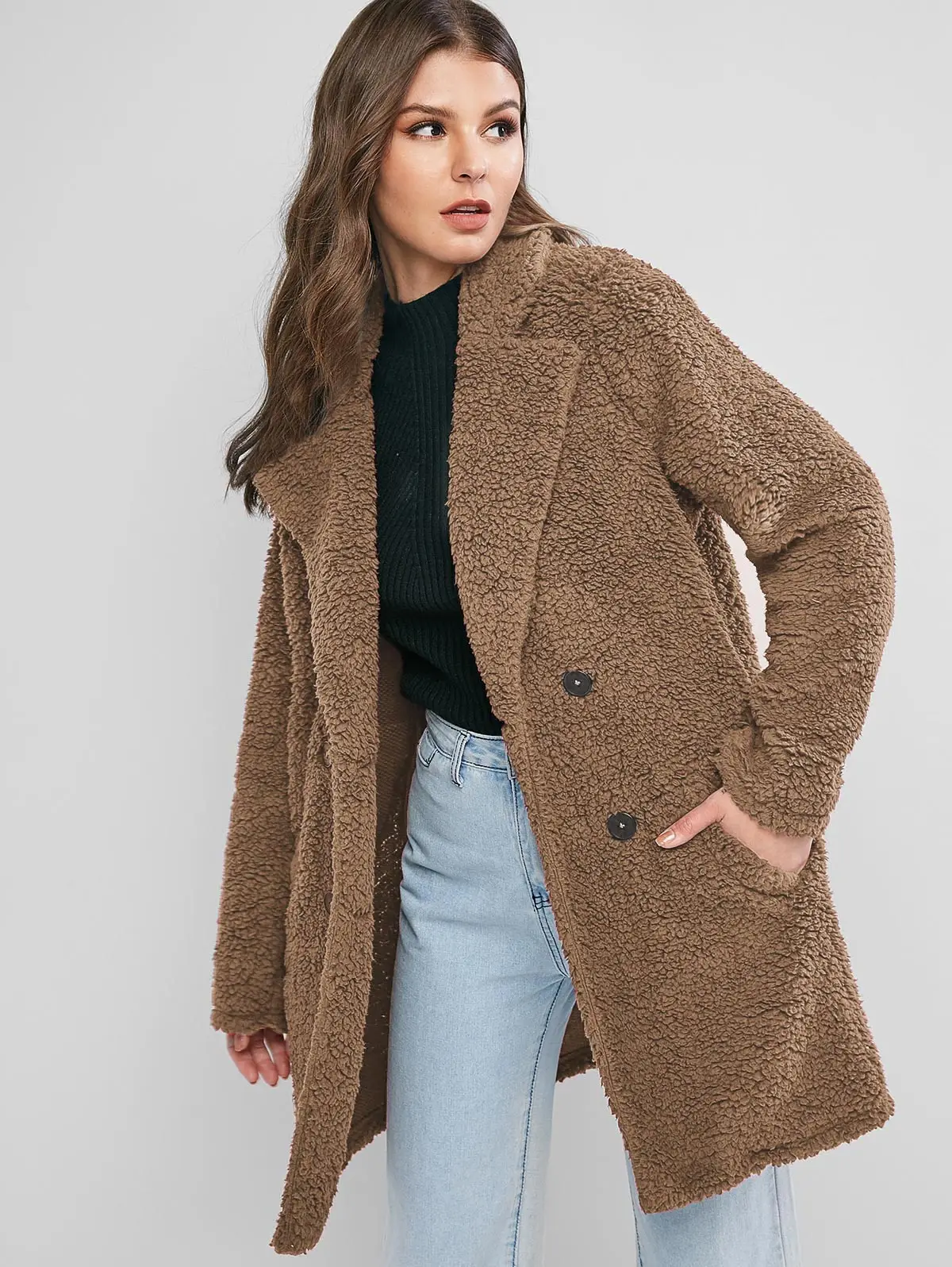 Camel Brown ZAFUL женское длинное пальто из искусственного меха с нагрудным карманом, осенне-зимняя теплая мягкая куртка, повседневная плюшевая верхняя одежда, женское плюшевое пальто - Цвет: Camel Brown