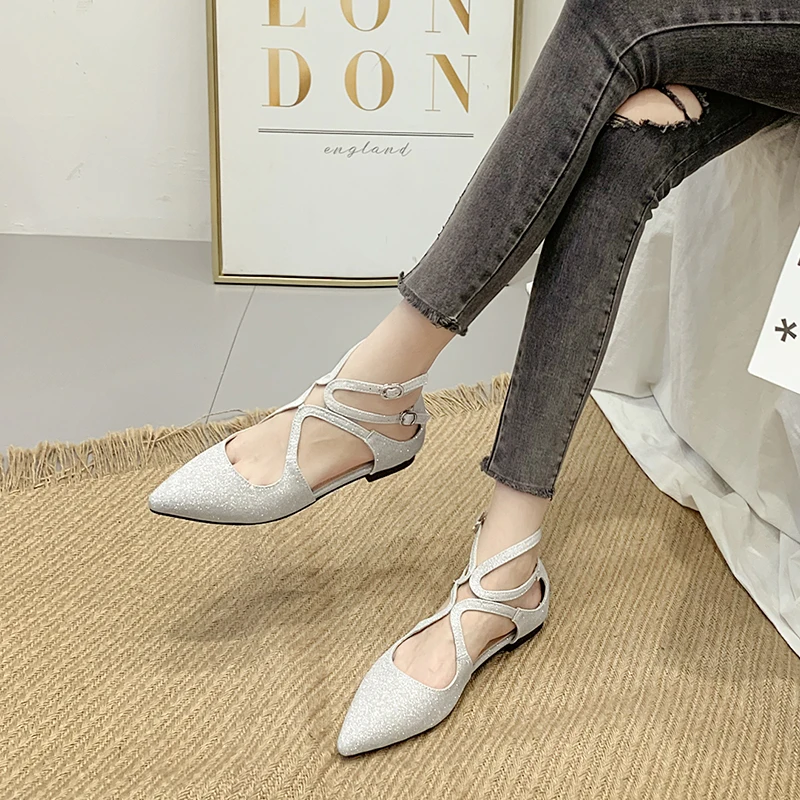 

Silver Pointed Toe Flats Sandals Shoes Woman 2019 Spring Autumn New Design Cross Bandage Bling Low Heels Hollow Single Sandals