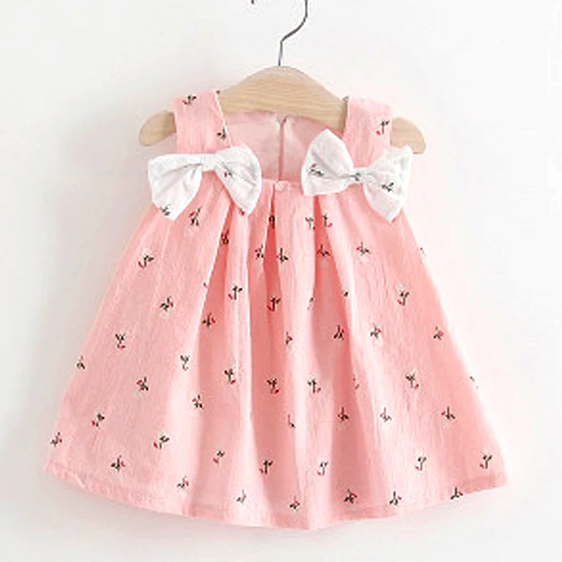 

Summer Girl Dress Solid Color One-Shoulder Sleeveless Bow Flower Print Stitching Fruit Embroidered Gauze Top Knee Mini Dress