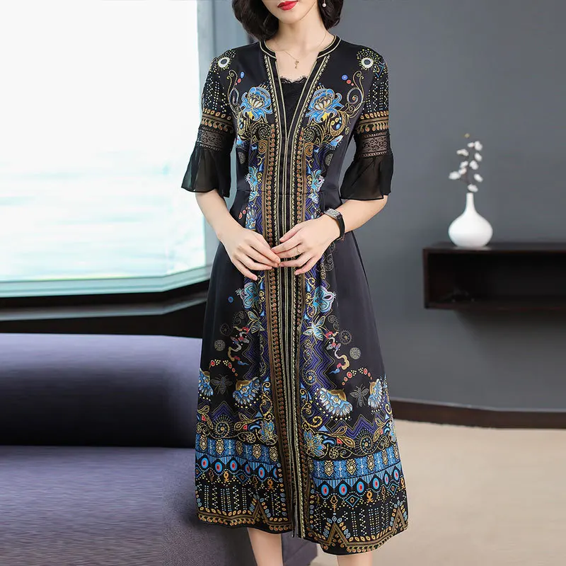 

Faux Silk Dress 2019 Summer Retro Hangzhou Silk WOMEN'S Dress Important Mulberry Silk Nobility Elegant Middle-aged Women Dress