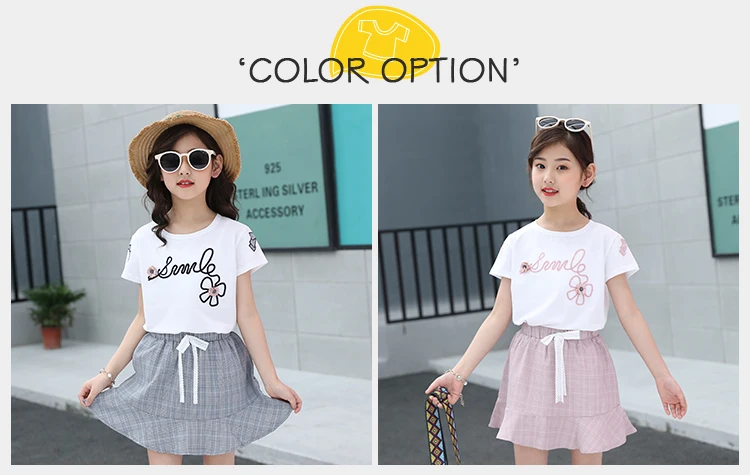 Kids Clothes Outfits Summer Short Sleeve T Shirt And Plain Skirt Cotton 2PCS Girl Set
