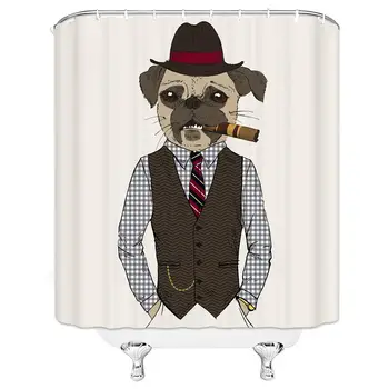 

Pug Shower Curtain, Fun Smoking Dog Shower Curtain Set Gentleman Denim Dog Shower Curtain Set Does Not Fade Waterproof Liner