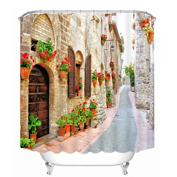 

3d Shower Curtains Retro House Alley Street View Pattern Waterproof Bathroom Curtain Thicken Fabrics Bath Curtains Customizable