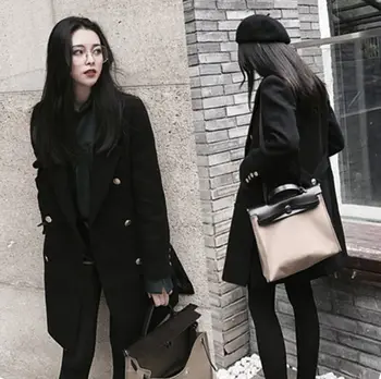 

Sen Retro Vintage Hepburn Style Woolen Coat Women Autumn And Winter New Black plus cotton woolen coat
