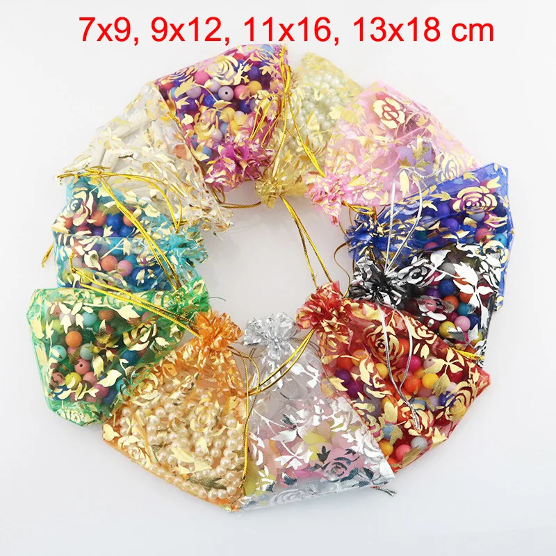 Best 100pcs lot 7x9, 9x12, 11x16, 13x18 cm Rose Flower Gold Drawstring Organza Pouches Bag For Jewelry Wedding Gift Packing Bags