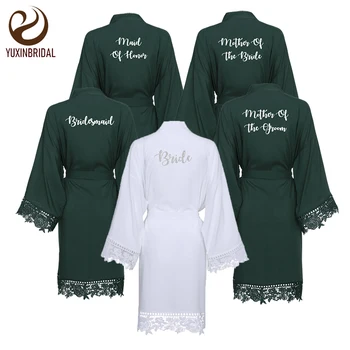 

YUXINBRIDAL 2019 New Green Solid Cotton Kimono Robes with Lace Trim Women Wedding Bridal Bathrobe Sleepwear White Print