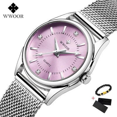 Pink Reloj mujer WWOOR женский раскошный ремешок для часов Брендовые женские часы под платье стальной сетчатый ремешок повседневные часы из розового золота кварцевые наручные часы - Цвет: Pink