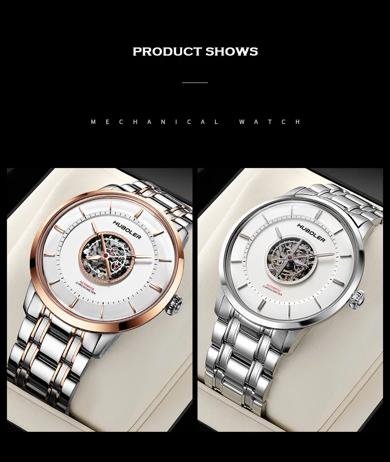 HANBORO Men Watch Luxury Automatic Watches Waterproof Fashion  Mechanical Wristwatch Double Hollow Dial business Reloj Hombre