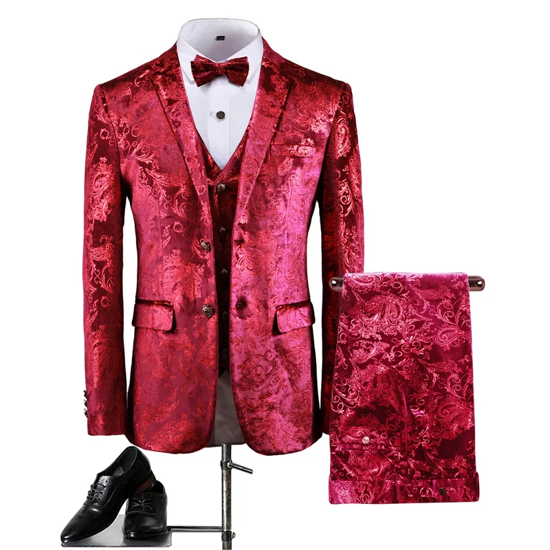 Luxury Gold Paisley 3 Piece Tuxedo Suits Men Brand Slim Fit Wedding