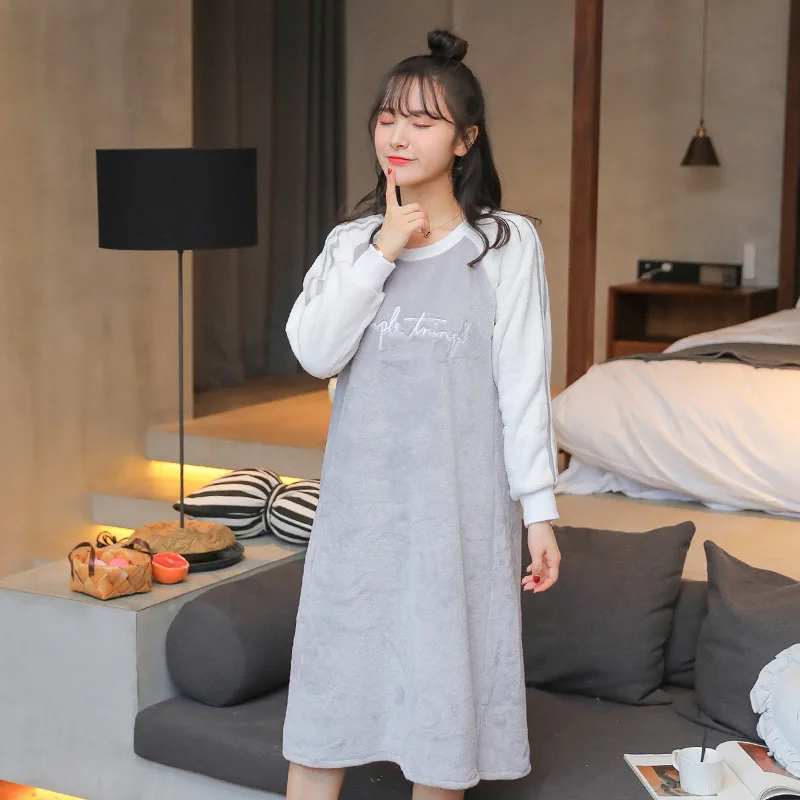 

Coral Velvet Nightgown Spring, Autumn And Winter Long Cute GIRL'S Flannel Medium-length Dress Korean-style Students Warm Tracksu