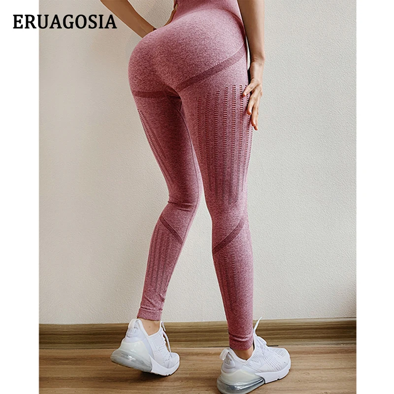 ERUAGOSIA Seamless Yoga Pants Women High Waist Stitching Hollow Sport Pants Female Running Training Fitness Shark Gym Leggings