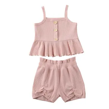 

2020 Summer Toddler Baby Girls Casual Clothes Set Solid Striped Strap Mini Dress Tops+Shorts 2PCS Little Girls Sweet Pink Outfit