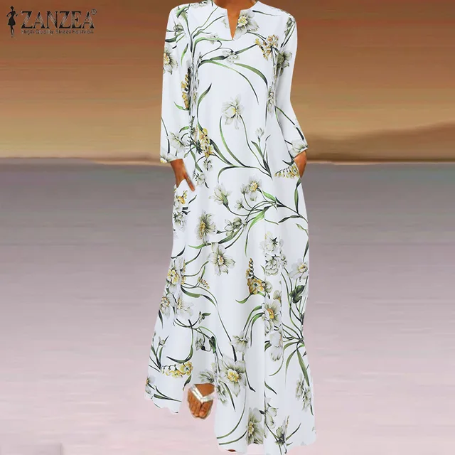 Spring Women's Sundress Bohemian Floral Long Dress ZANZEA 2021 Casual Long Sleeve Party Holiday Vestidos Kaftan Robe Dresses 3