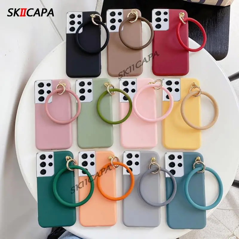 Pure color soft silicone phone case for Samsung S21 ULTRA Big Circle Hand Ring Holder Bracelet Cover Galaxy PLUS | Мобильные