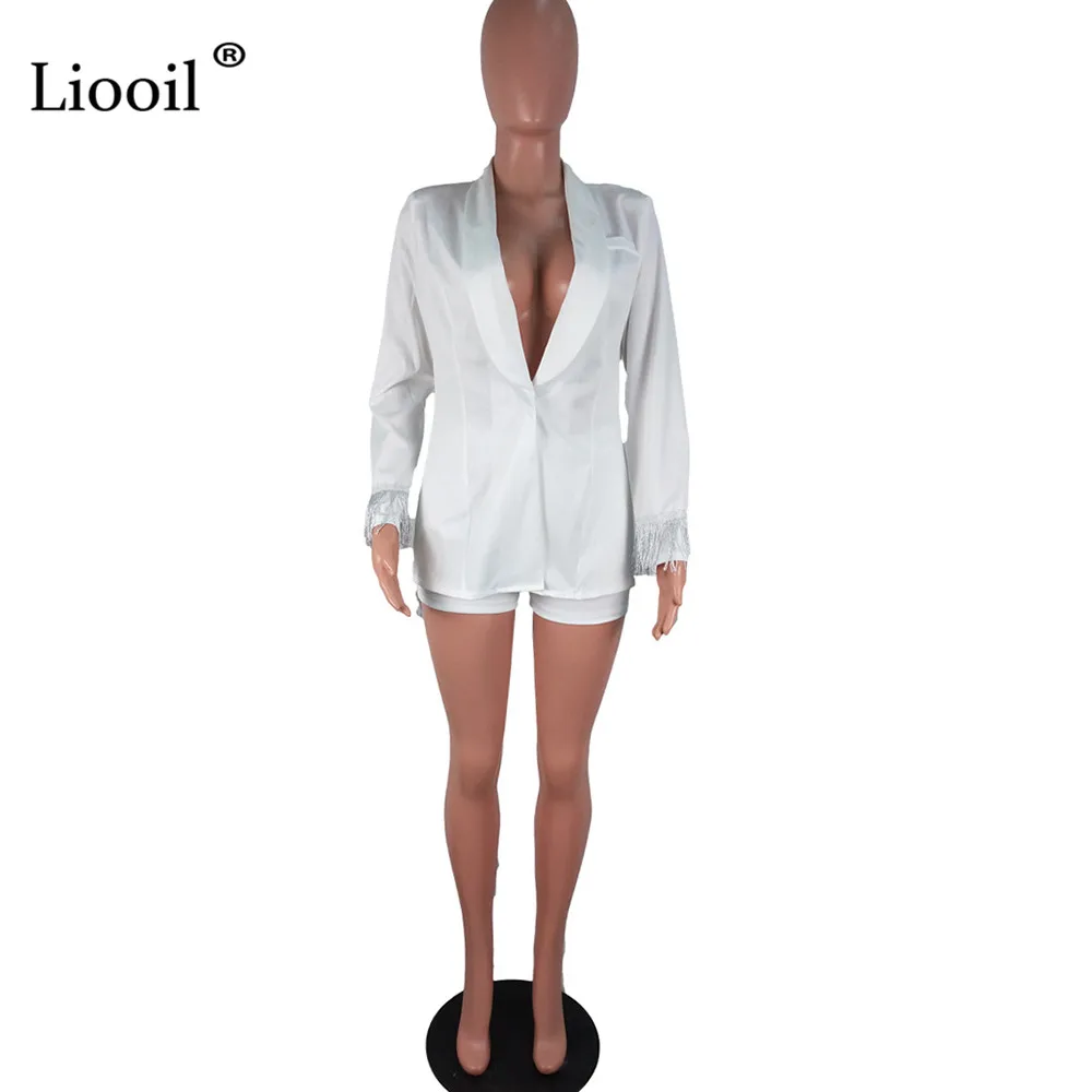 Liooil, с разрезом сзади, с кисточками, из двух частей, праздничный комплект, вечерние, для ночного клуба, наряды для женщин, с длинным рукавом, с v-образным вырезом, сексуальные Пиджаки и шорты, наборы