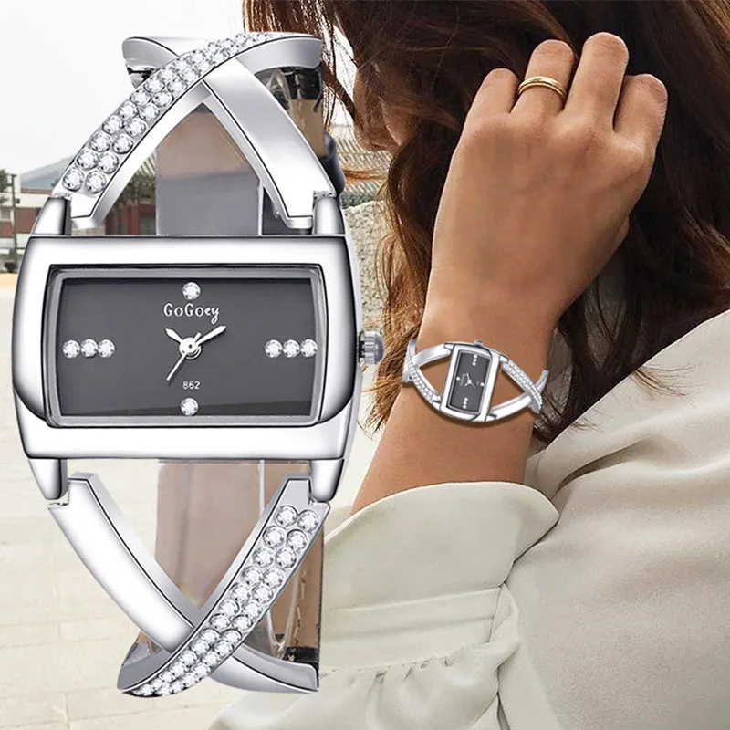 

2020 New Luxury Brand Gogoey Women Watch Unique Fashion Designer Rectangular Dial Crystal Quartz Watches Leather Straps Clock