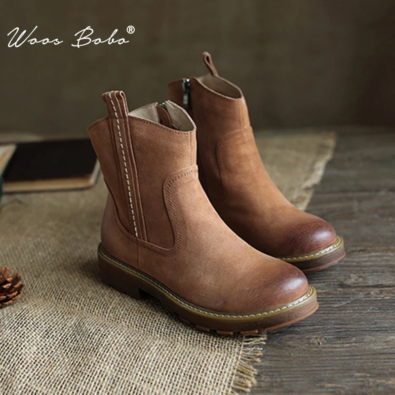

Genuine Leather Martin boots women Sewing design round toe side zipper ankle boots 2019 winter fashion Non-slip women boots