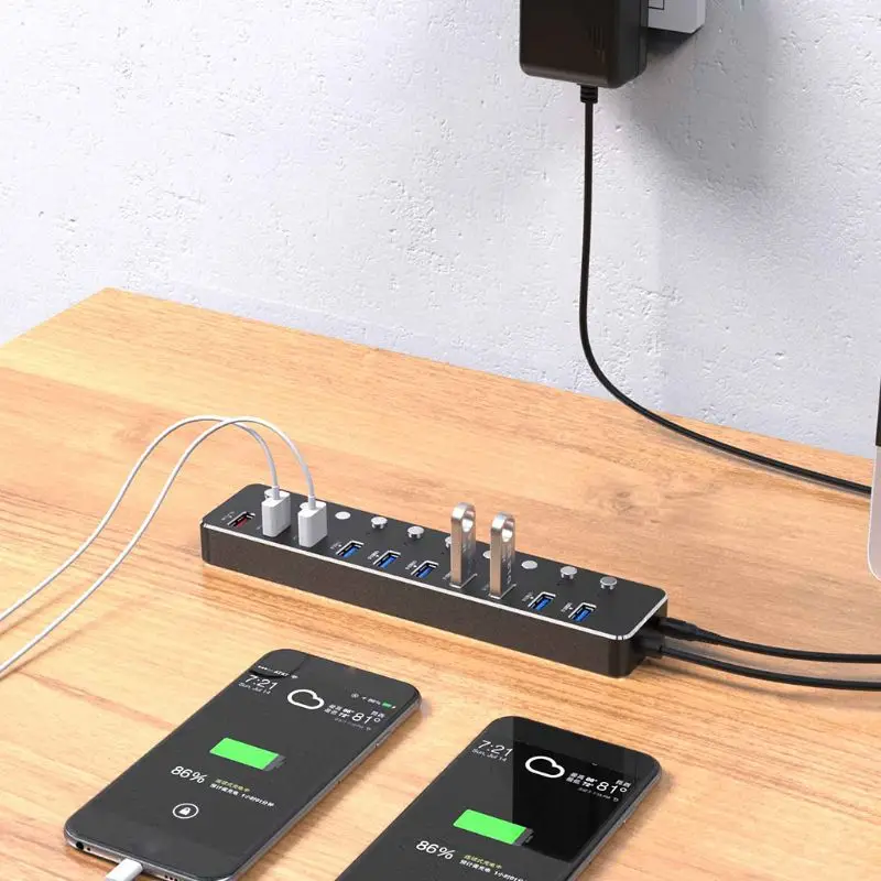 10 портов USB 3,0 концентратор Алюминиевый usb-разветвитель для быстрой зарядки с адаптером питания