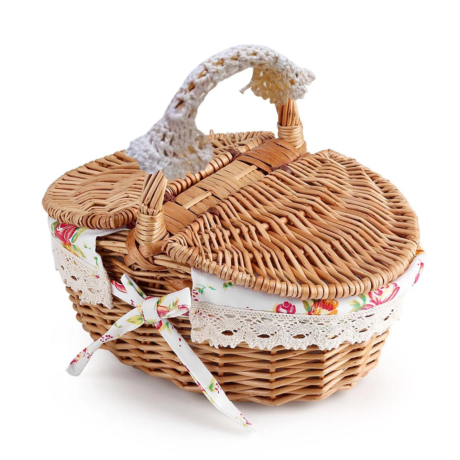 Oval Double Lidded Wicker Linen Floral Picnic Storage Basket Holiday Camping Use Home Decor Yuehuam Wicker Picnic Basket with Handle 