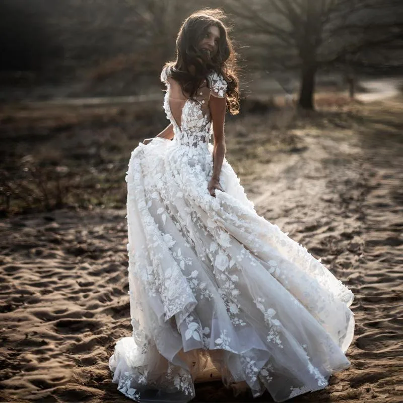 Стильные богемные Свадебные платья трапециевидной формы с v-образным вырезом, с рукавами-крылышками, с аппликацией 3D цветок страны свадебное платье пышное Тюлевое платье невесты