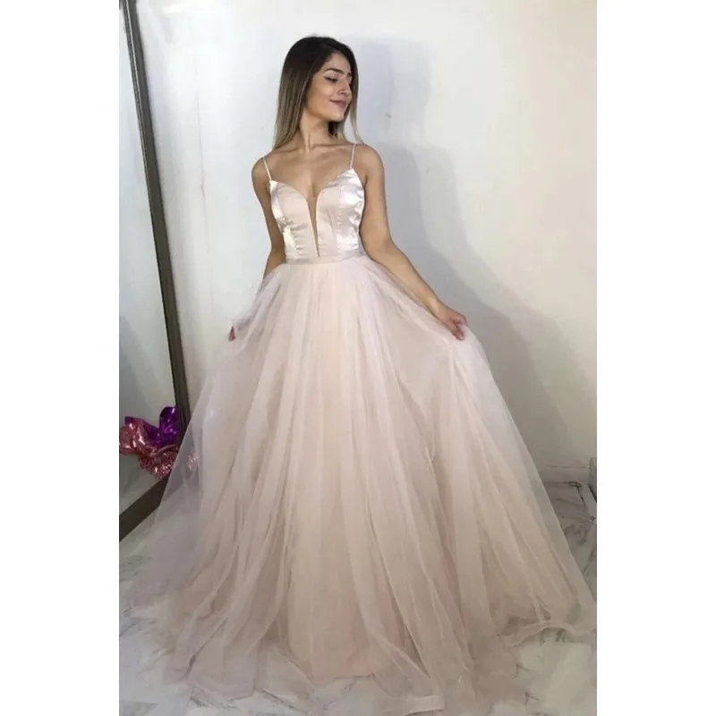 

Custom msde Prom Dresses Long A Line Spaghetti Straps Deep V Neck Tulle Simple Formal Dress Party Prom Gowns