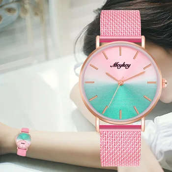 

WJ-8794 Two-tone Dial Pink Plastic Strap Mesh Buckle Watches For Female Fashion Sport Women Watch Simple Quartz Wristwatch reloj