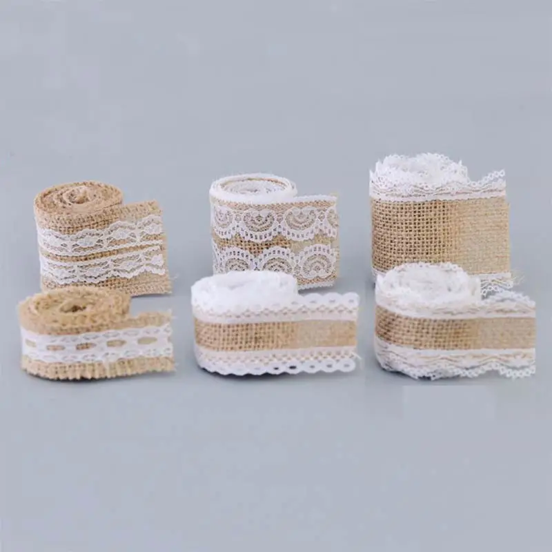 

Width 1.5cm 0.9M/Roll Natural Jute Burlap Hessian Ribbon and Different White Lace For Rustic Wrap Gift Packing Wedding Decoratio