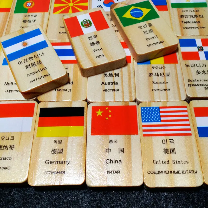 100 шт. строительные блоки с национальным флагом домино, деревянные игрушки, детские игрушки на четырех языках, дизайнерские блоки с национальным флагом, детские подарки
