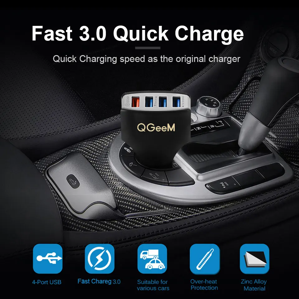 QGEEM-cargador de coche de 4 puertos USB QC 3,0, dispositivo de carga rápida 3,0, para iPhone Xiaom - Imagen 5