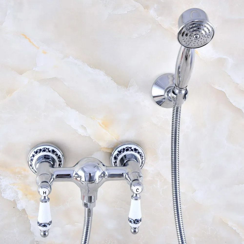 Polished Chrome Brass Wall Mounted Bathroom Hand Held Shower Head Faucet Set Mixer Tap Dual Ceramics Handles Levers mna782 | Обустройство