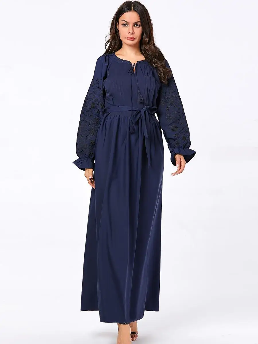 Темно-синее платье abaya с длинными рукавами и вышивкой женское мусульманское исламский джильбаб платье из Дубая платье с поясом на шнурке платья Осенняя мода