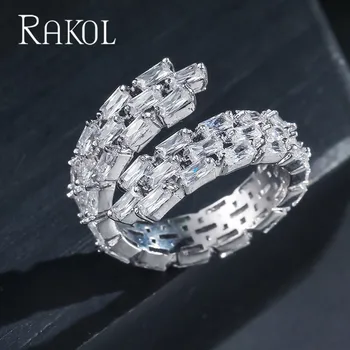 

RAKOL New Arrival Exquisite Zirconia Micro Pave Setting Baguette Cuff Ring Men Jewelry for Women Wedding Bijoux RR246