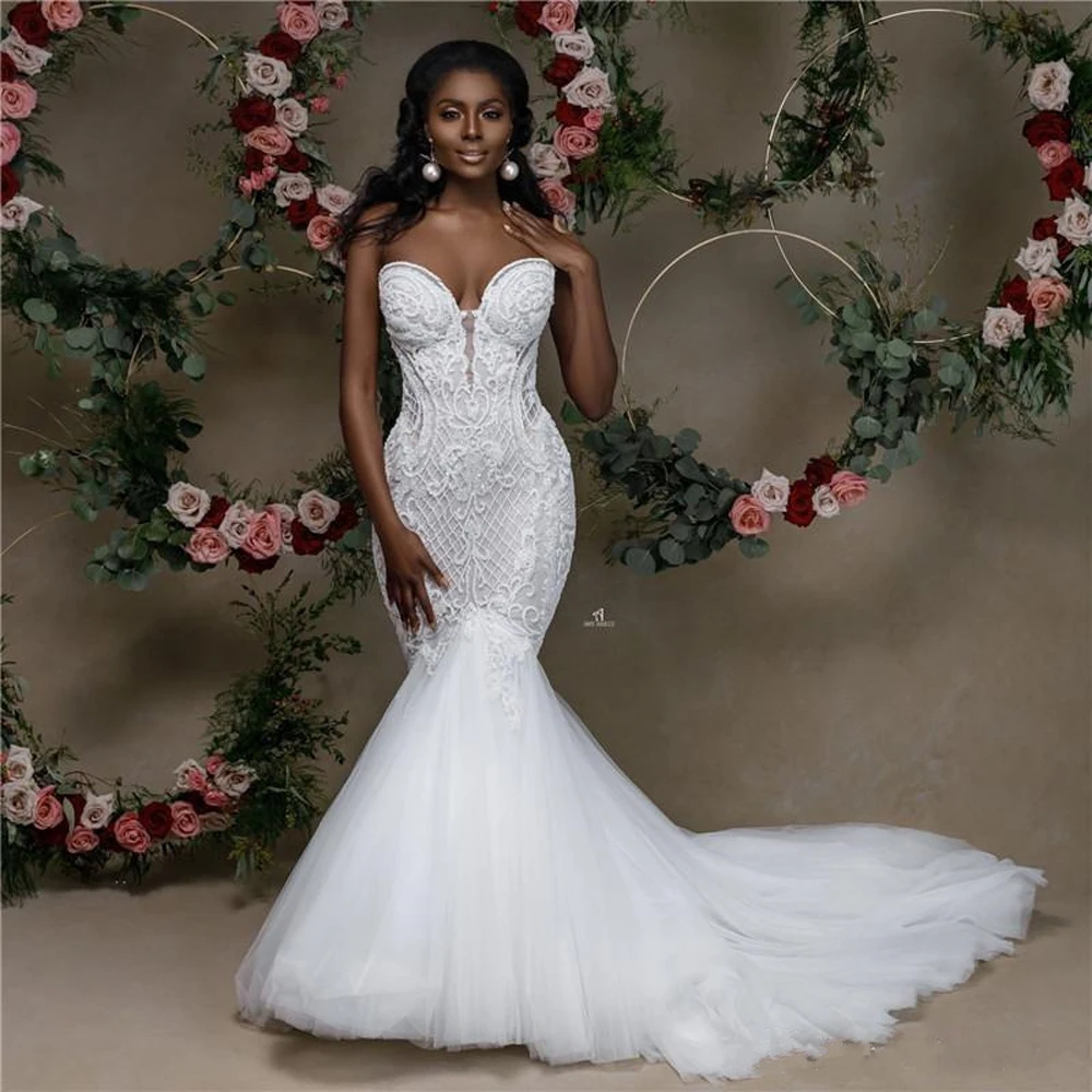 African Sweetheart Mermaid Wedding Dress 2022 New Strapless Lace Beaded Wedding Gowns Applique Bridal Dress