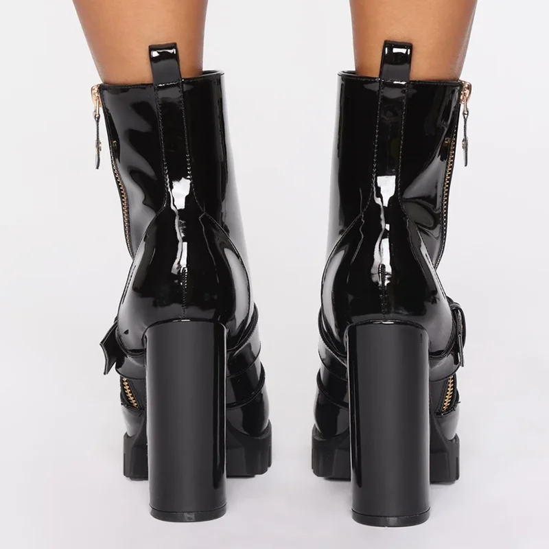 New Spring Autumn Women Shoes Black Block High Heels Boots PU Leather Zipper Buckle Platform Ankle Boots Chunky Heel 12 CM