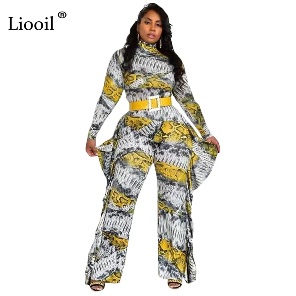 Liooil, сексуальный цельный наряд, змеиный принт, комбинезоны с рюшами,, длинный рукав, водолазка, вечерние, клубный комбинезон, желтый комбинезон, комбинезоны