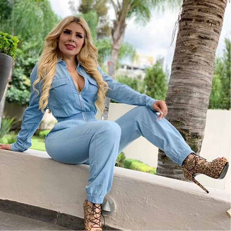 Denim Rompers Womens Zipper Fly Jumpsuit Autumn Winter One Piece Outfits Jeans Overalls Night Club Party Long Sleeve Jumpsuits