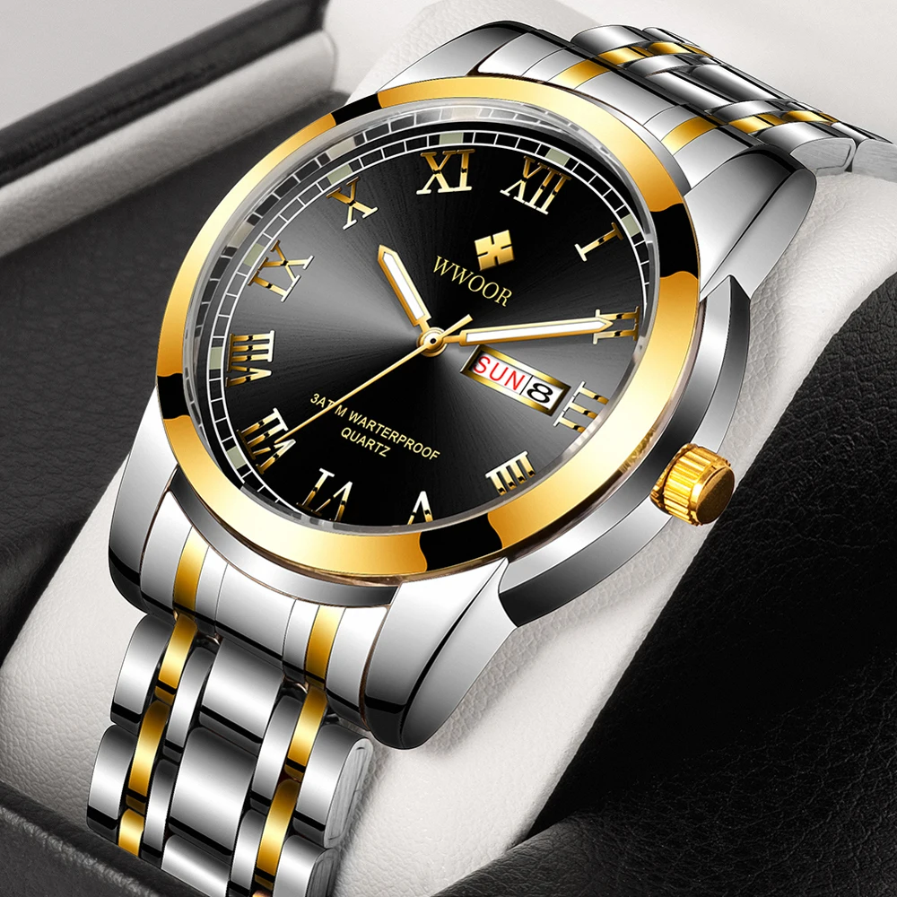 WWOOR 2024 New Men Watches Stainless Steel Waterproof Men Quartz Wristwatches Luxury Business Male Clock Gift Watch Reloj Hombre