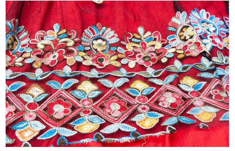 Women's Vintage boho Embroidery Mesh Long Skirt Asymmetric Big Hem Red Skirts