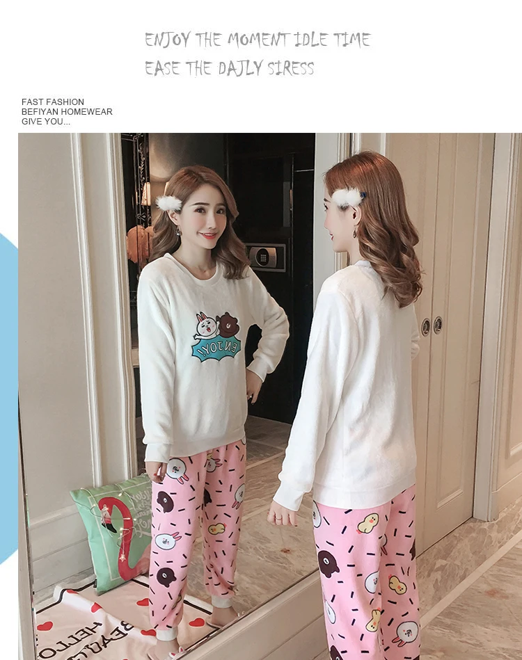 Sleepwear women winter Pajama Sets for Female Soft Thick Cute Cartoon Flannel Sleepwear Tops+Warm Pants Home Clothes Mujer 2pcs