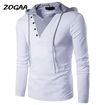 

ZOGAA New Arrivals Men's casual T-Shirt Fashion Hooded Sling Long-Sleeved Tees V-collar Male Fake two pieces t-shirt Slim