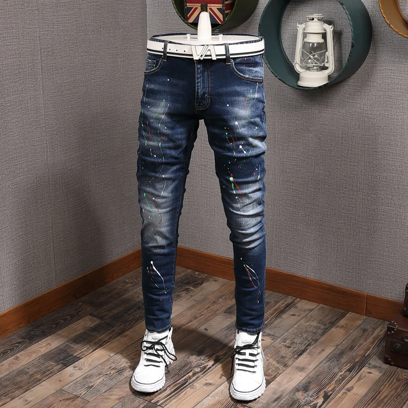 

American Streetwear Fashion Men Jeans Retro Blue Slim Fit Printed Designer Jeans Men Elastic Pants High Quality Hip Hop Jeans