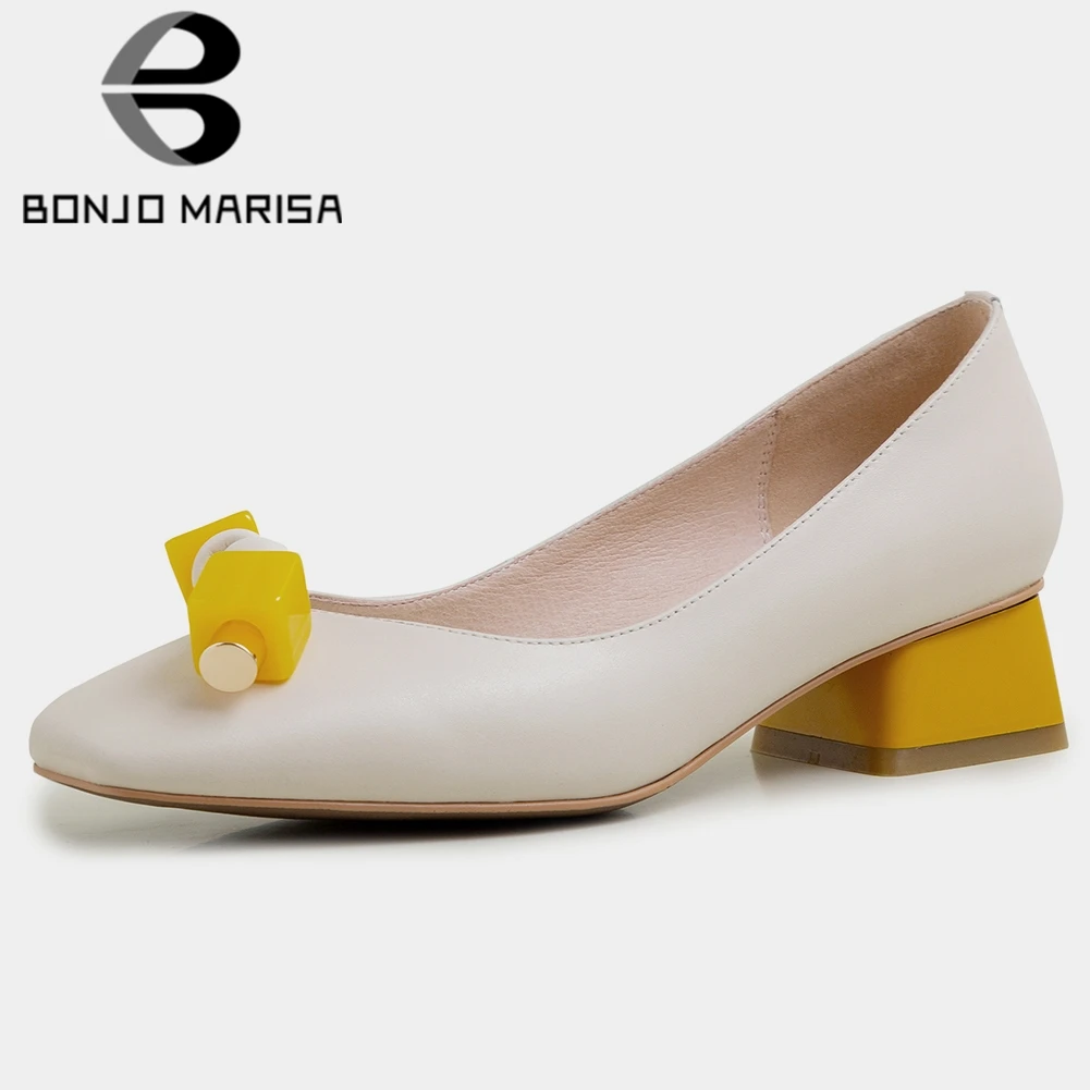 

BONJOMARISA Spring New Office Ladies Elegant Shallow Pumps Quality Genuine Leather Work Pumps Women 2020 Med Heel Shoes Woman