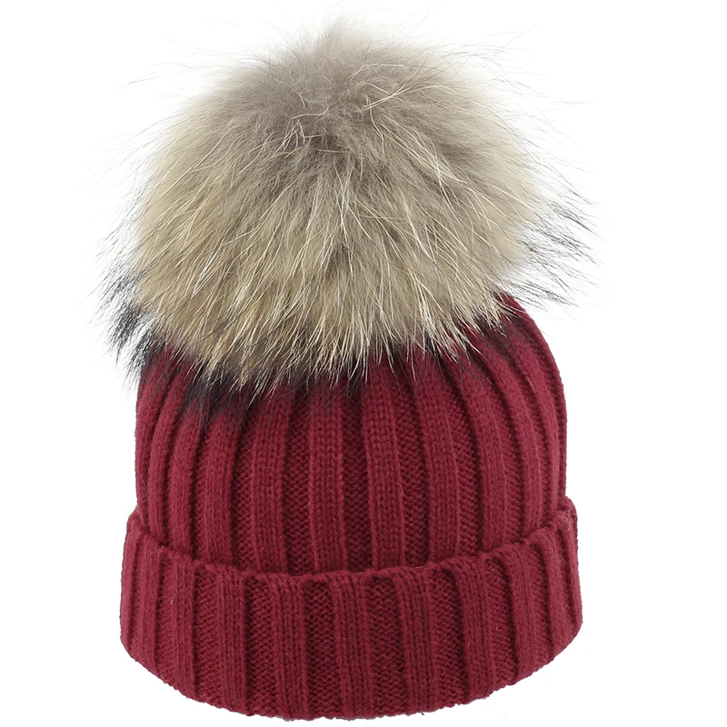 Geebro/мягкие зимние шапки с помпоном из натурального меха для маленьких мальчиков и девочек, детский акриловый ребристый вязаный шапочки, шапки и шапки - Цвет: red A