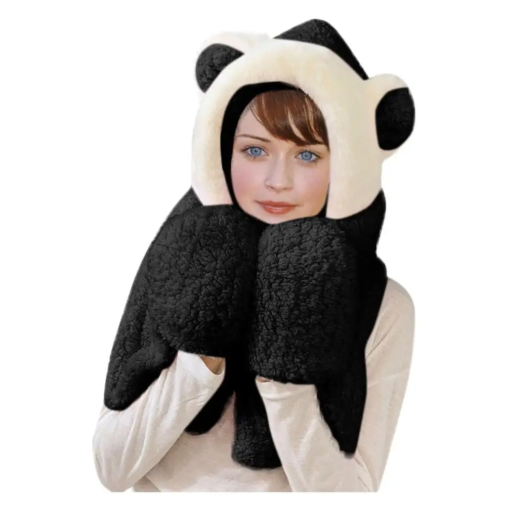 Черный Beer Earmuffs головные уборы милые дамы 3 в 1 женские зимние теплые плюшевые с капюшоном шарф с ушками снуд карманные шапки перчатки толстые шапки - Цвет: Черный