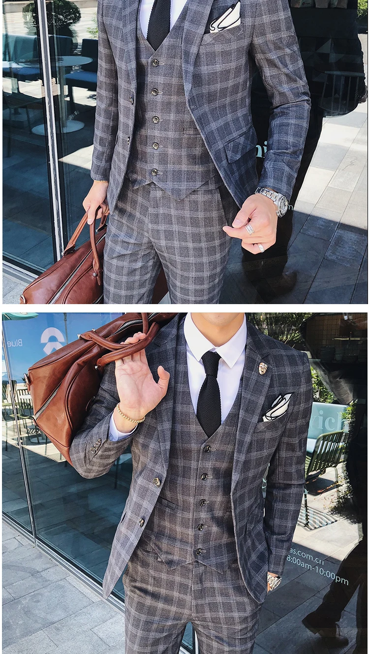 Мужские формальные костюмы смокинг, Slim Fit мужской деловой костюм Азиатский размер XXXL 4XL мужской костюм куртка+ жилет+ брюки классические клетчатые костюмы мужские