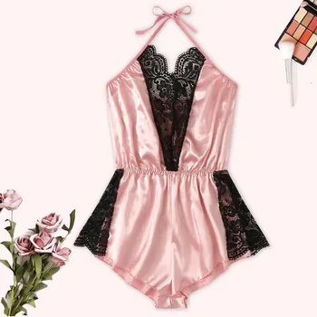 

Sexy Women Satin Lace Silk V-Neck Lingerie Halter Bodysuit Backless Jumpsuit women sexy erotic lingerie lenceria mujer 2019