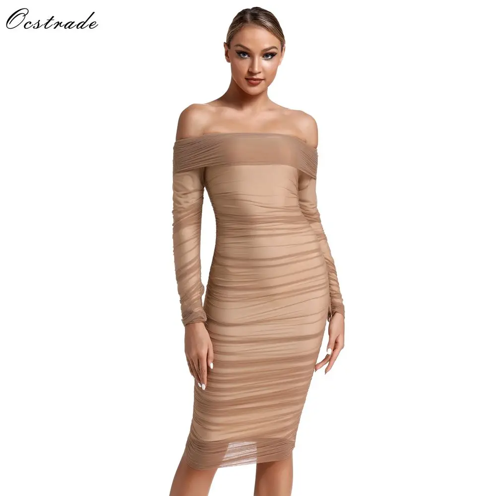 

New Arrival 2019 Chestnut Tulle Off Shoulder Ruched Sexy Bodycon Party Club Dress
