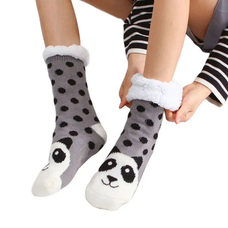 Gray Panda Women Winter Thick Warm Fuzzy Lined Slipper Sock Cartoon Animal Non-Skid Hosiery - Color: Gray Panda