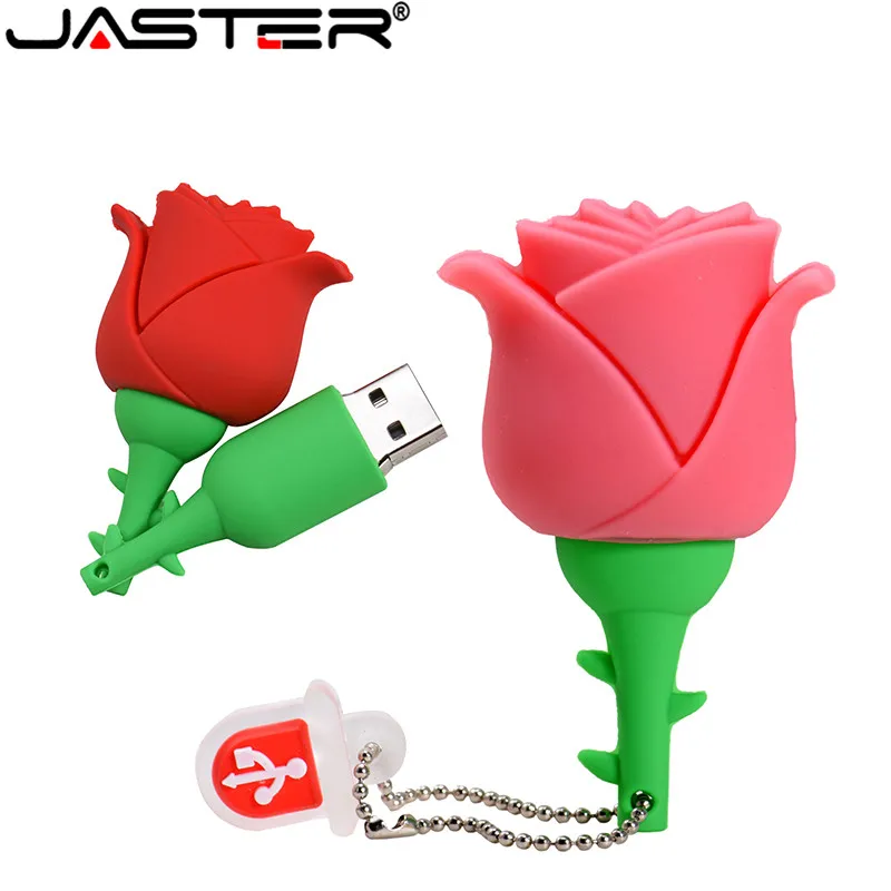 JASTER Rose USB Flash Drive 64GB 4GB 8GB 16GB USB 2.0 Flash Memory Disk Silicone Pendrive Cartoon USB Stick Card Key Pen Drive